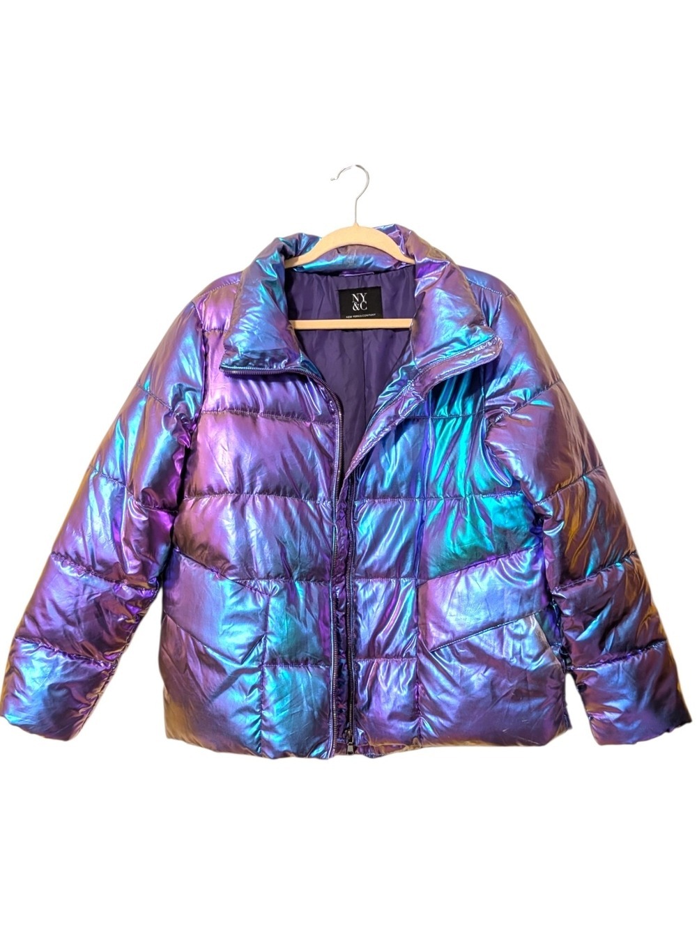 New York & Company Pink Purple Iridescent Puffer Jacket - Picture 2 of 6